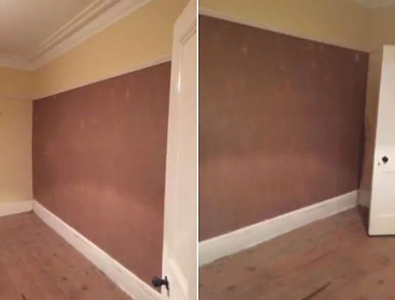 Wall replastered after damp treatment